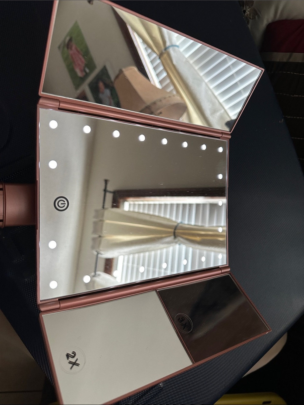 Tri-Fold LED Lighted Makeup Mirror in Rose Gold with 2X/3X Magnification 7x9.5